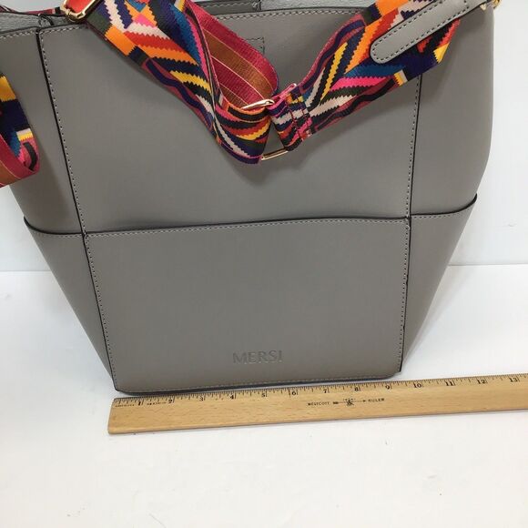 MERSI Vegan Demi Bucket Purse Colorful Strap Boho Crossbody Taupe Gray - Picture 16 of 16